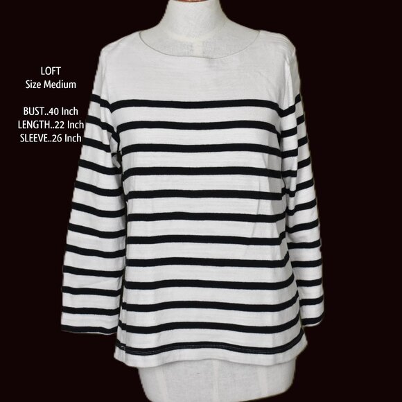LOFT Pullover Top M Long Sleeve Black White Stripe Crew Neck - Picture 1 of 5